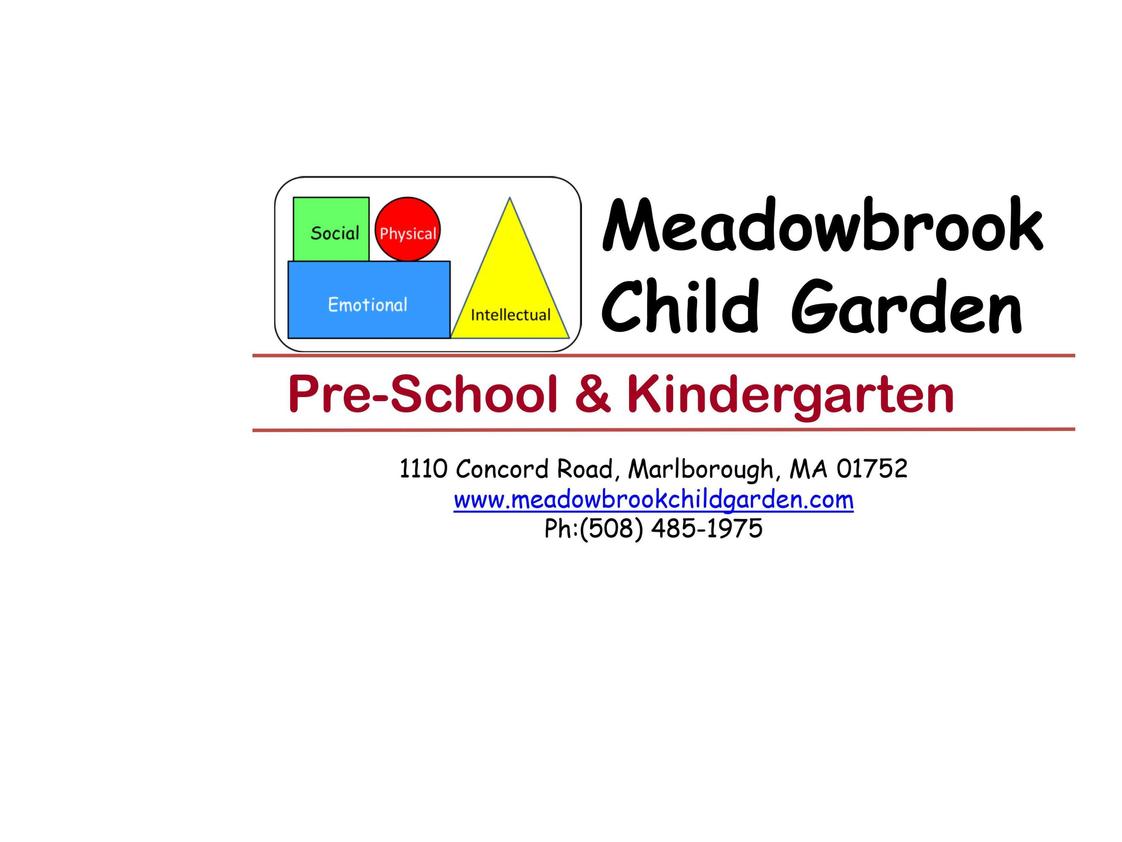 Meadowbrook Child Garden Photo #1 - Our Goal is to provide consistent high quality education for children ages 2.9 to 6 years and to be a resource for parents, families and the community. The logo depicts four areas of growth Physical (circle), Intellectual (triangle), Social (square) and Emotional (rectangle).