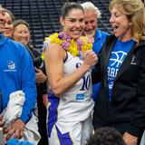 La Jolla Country Day School Photo #6 - Professional WNBA player and alumna Kelsey Plum '13 greets Coach Bamford and a busload of Torreys at the LA Sparks game.