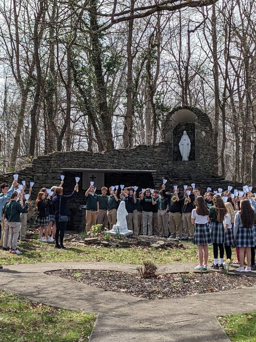 St. Bernadette School Photo #1 - Students participated in a virtual pilgrimage to Lourdes by visiting our on-campus grotto.
