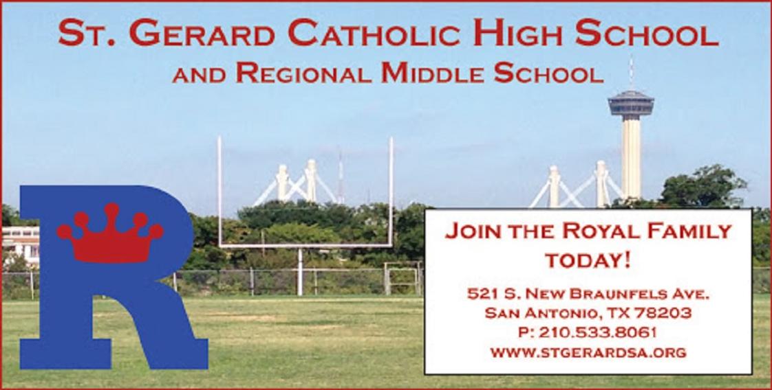 St. Gerard Catholic School - A College Preparatory 6th-12th Campus Photo - Established 1927, St. Gerard Catholic School (6th-12th), a college preparatory campus, is located just outside downtown SA, provides quality faith based education and dual college credit opportunity. For more info call 210-533-8061.