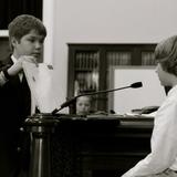 Thaddeus Stevens School Photo - Student presents the witness with evidence at the annual mock trial held at Caledonia Courthouse.
