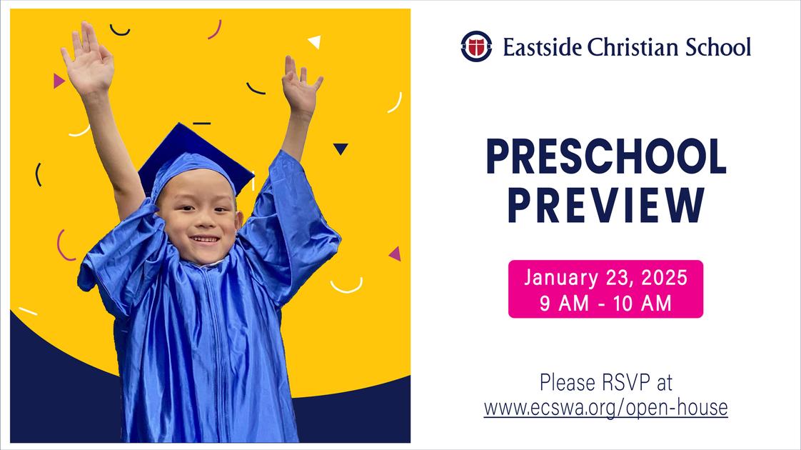 Eastside Christian School Photo #1 - Join us for our Preschool Preview/Open House in January, 2025! Visit our website for more info: www.ecswa.org/open-house