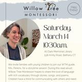 Willow Tree Montessori Photo #6 - Willow Tree Montessori has partnered with Clark's Memorial Library of Bethany to offer a free toddler story time to the public. We invite families with young children to join WTM AMI trained guide, Mrs. Perkins, to explore the seasons throughout the year. During this read aloud, Willow Tree Montessori hopes to share the love of rich language.